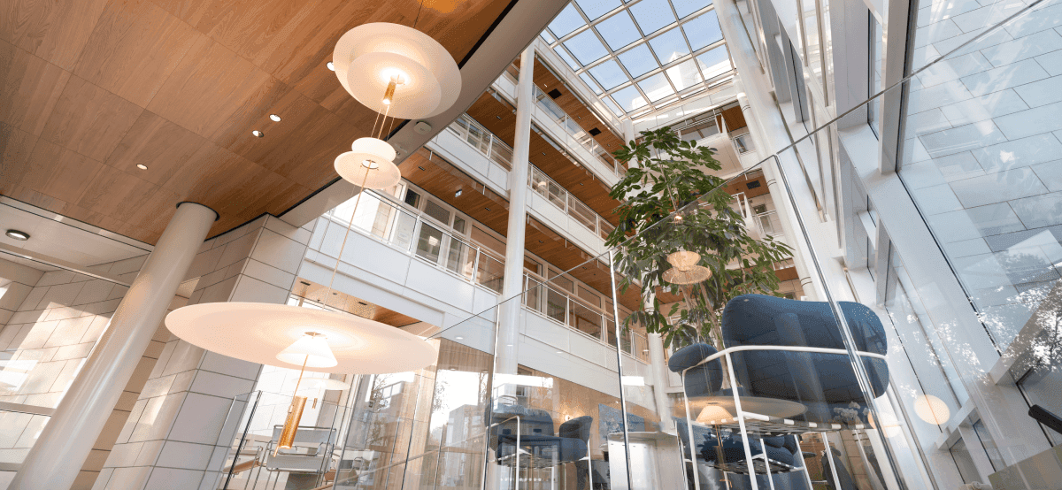 Glass atrium with large plant and blue chairs