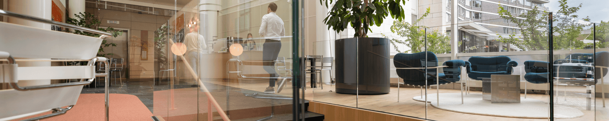 Glass staircase with large plant and people in office space