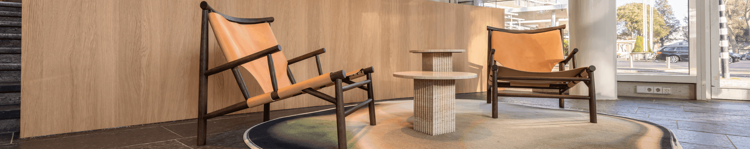 Seating area with leather chairs and round rug